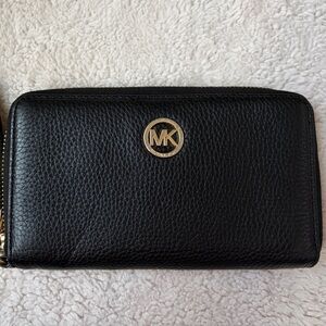 Michael Kors Black Leather Writlist Wallet with Gold Accents
